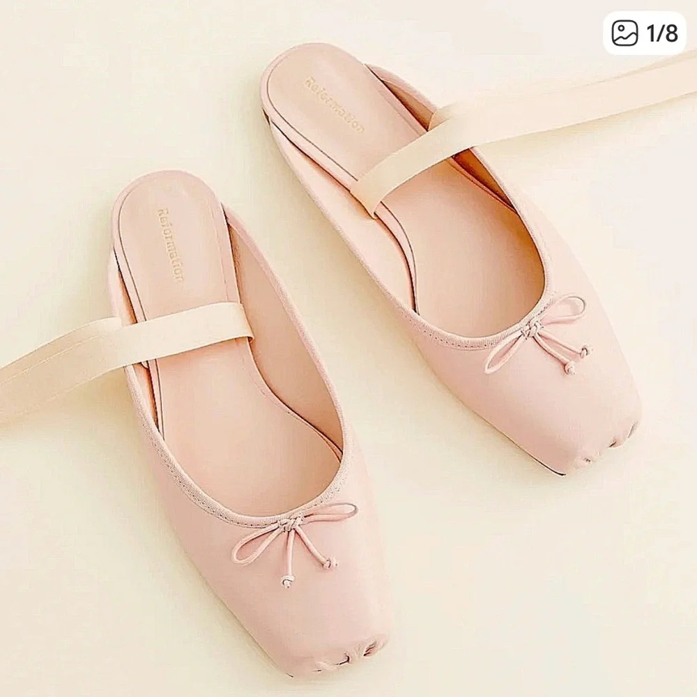 Reformation Pink Ballet Slip-On Ribbon Megan Powder Pink Lace Up Ballet Flats 7 - Picture 3 of 7